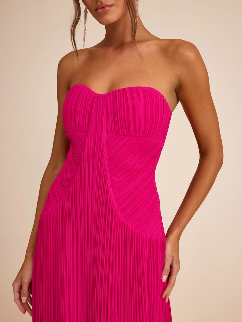 Lulu's Strapless Pleated Maxi Dress in Bright Fuchsia